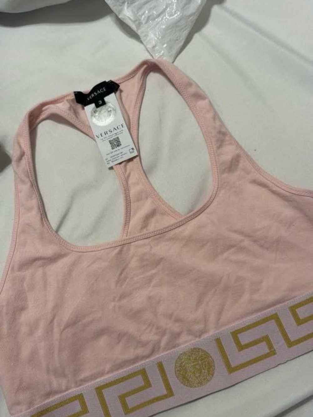 Versace Light Pink Racerback Logo Band Bralette with Gold Accents